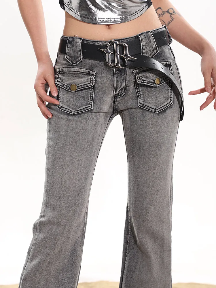 【24s January.】Smoke Gray Washed Distressed Stretch Jeans