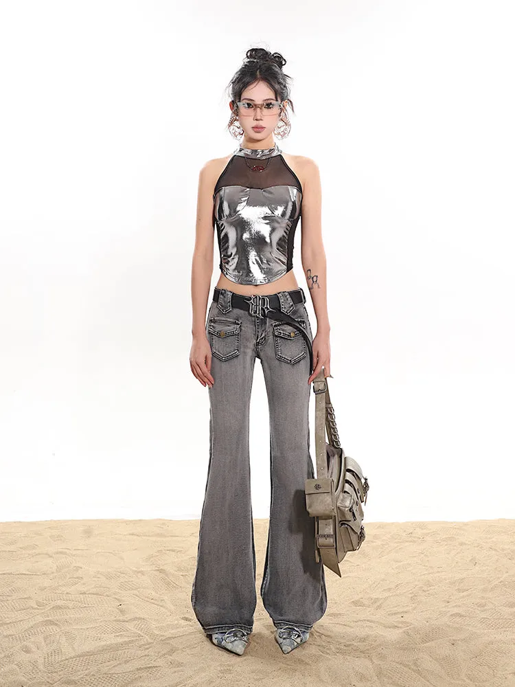 【24s January.】Smoke Gray Washed Distressed Stretch Jeans