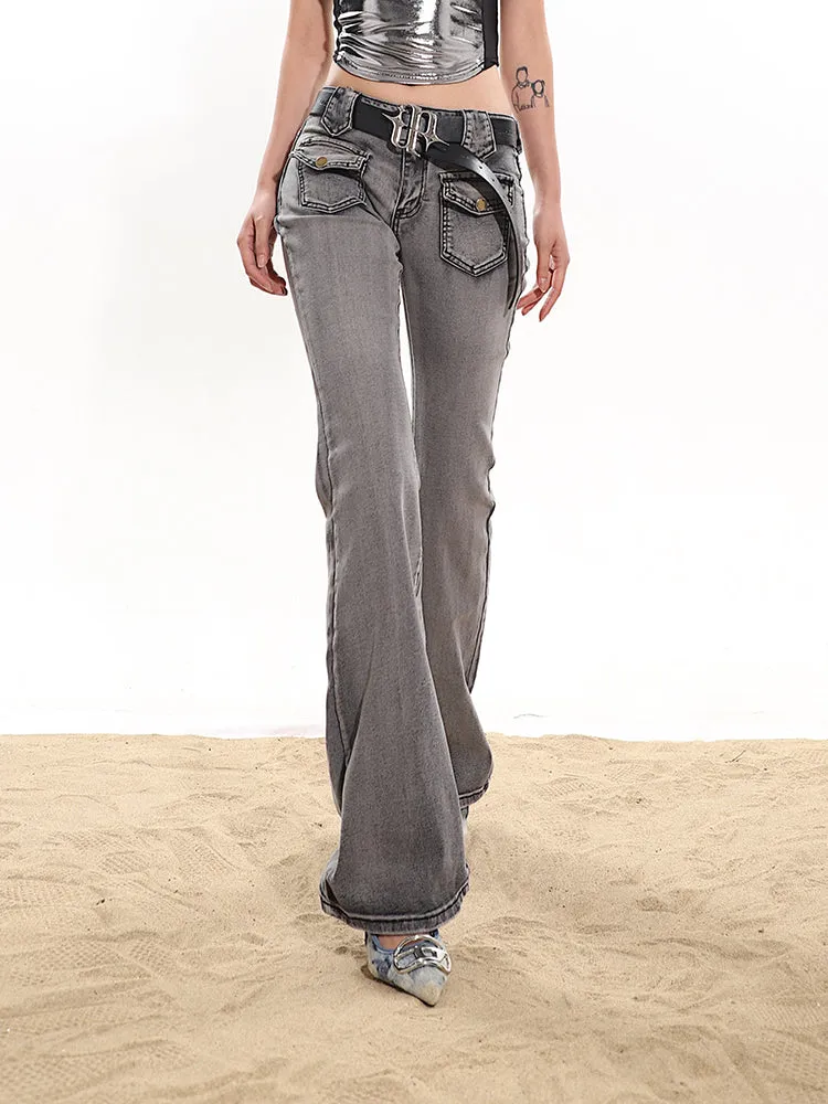 【24s January.】Smoke Gray Washed Distressed Stretch Jeans