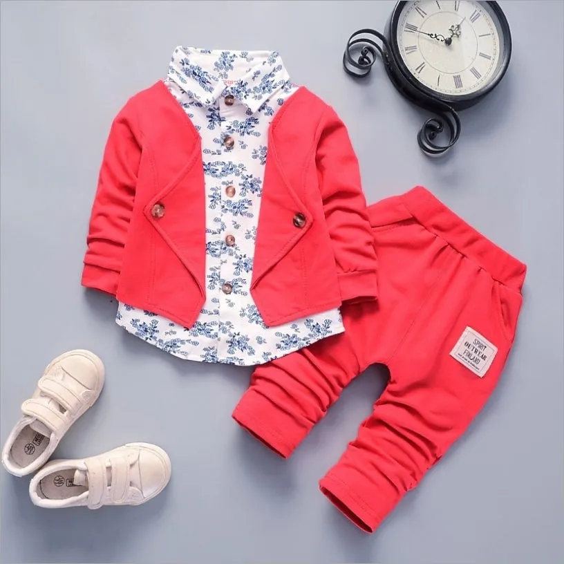 2pcs Baby Boy 95% Cotton Long-sleeve Faux-two Floral Print Top and Pants Set