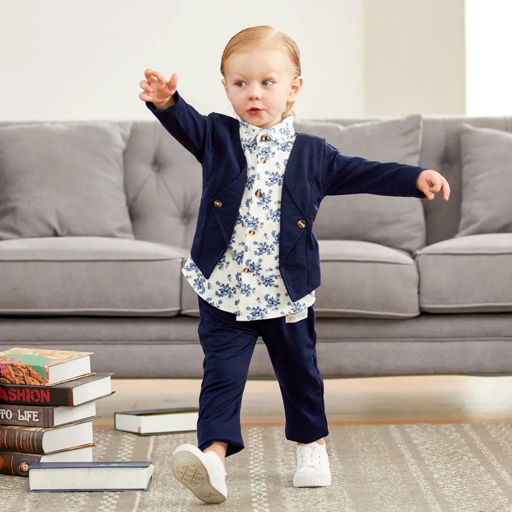2pcs Baby Boy 95% Cotton Long-sleeve Faux-two Floral Print Top and Pants Set