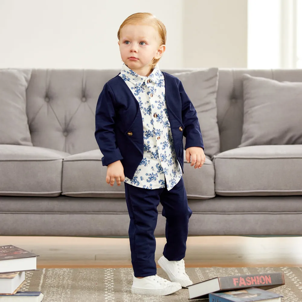 2pcs Baby Boy 95% Cotton Long-sleeve Faux-two Floral Print Top and Pants Set
