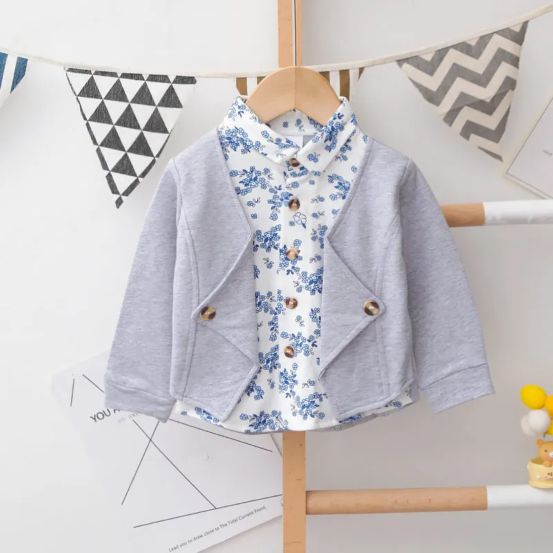 2pcs Baby Boy 95% Cotton Long-sleeve Faux-two Floral Print Top and Pants Set