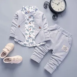 2pcs Baby Boy 95% Cotton Long-sleeve Faux-two Floral Print Top and Pants Set