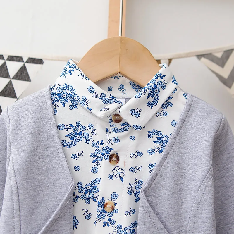 2pcs Baby Boy 95% Cotton Long-sleeve Faux-two Floral Print Top and Pants Set