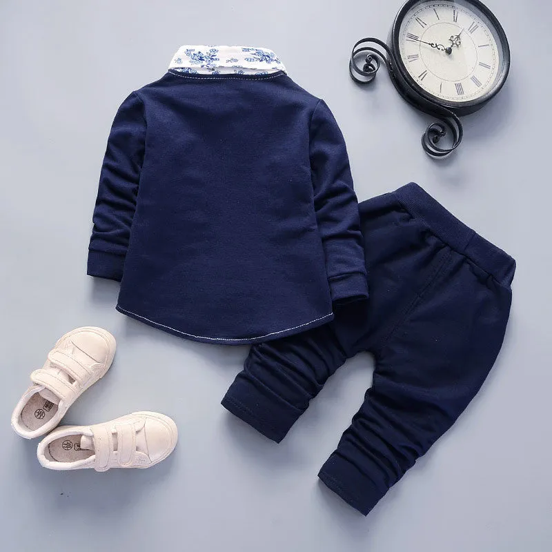 2pcs Baby Boy 95% Cotton Long-sleeve Faux-two Floral Print Top and Pants Set
