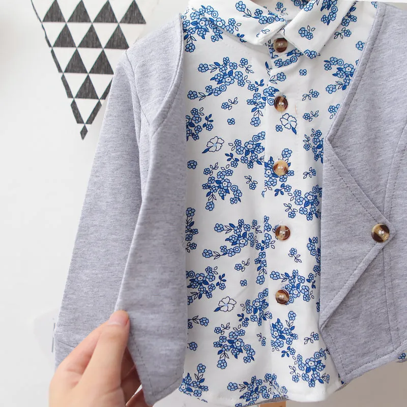 2pcs Baby Boy 95% Cotton Long-sleeve Faux-two Floral Print Top and Pants Set