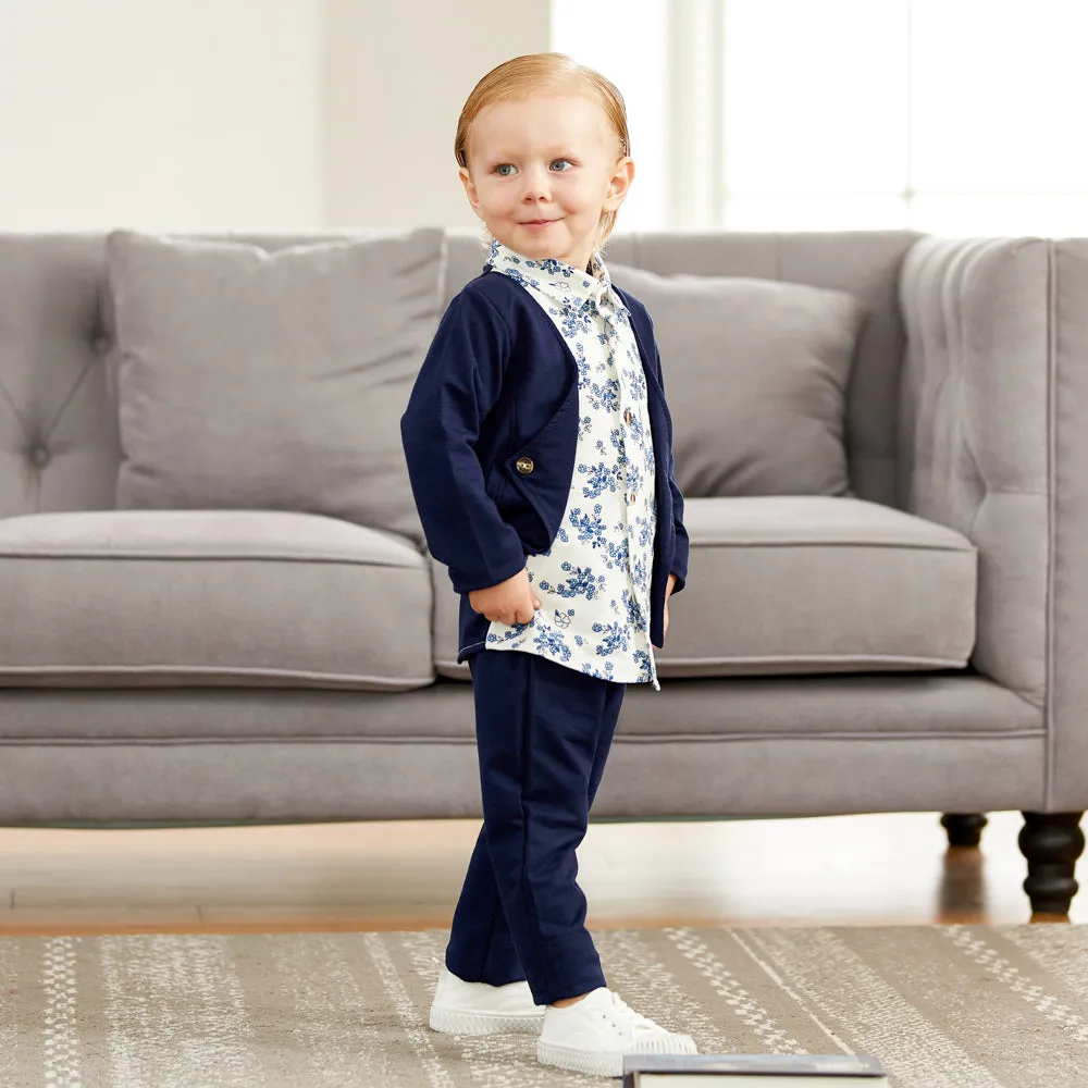 2pcs Baby Boy 95% Cotton Long-sleeve Faux-two Floral Print Top and Pants Set