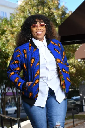 African Print Reversible Bomber Jacket -  Royal Blue