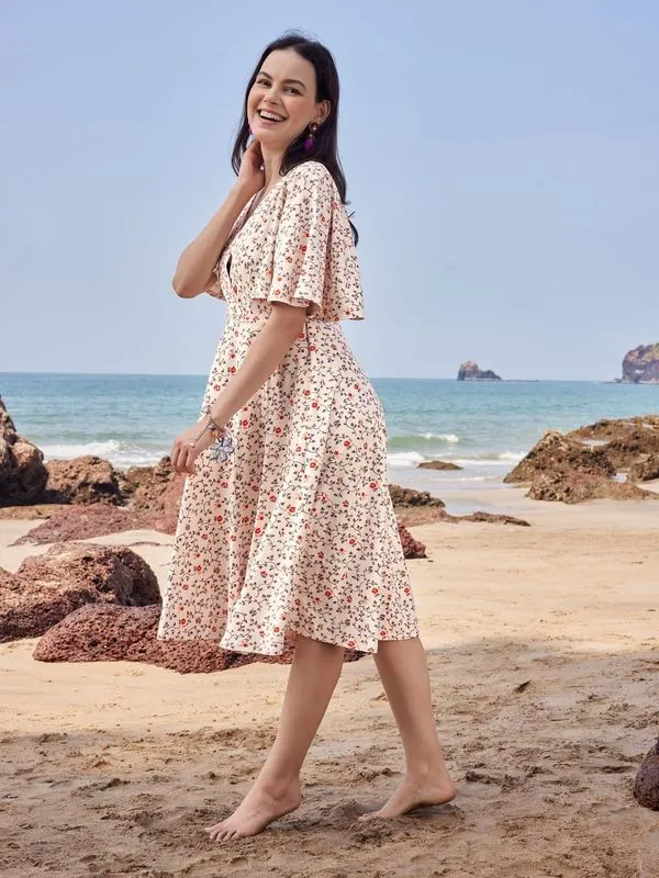 Beige V Neck Fit and Flare dress