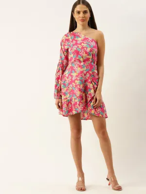 Berrylush Women Pink Floral One-Shoulder Fit & Flare Mini Dress