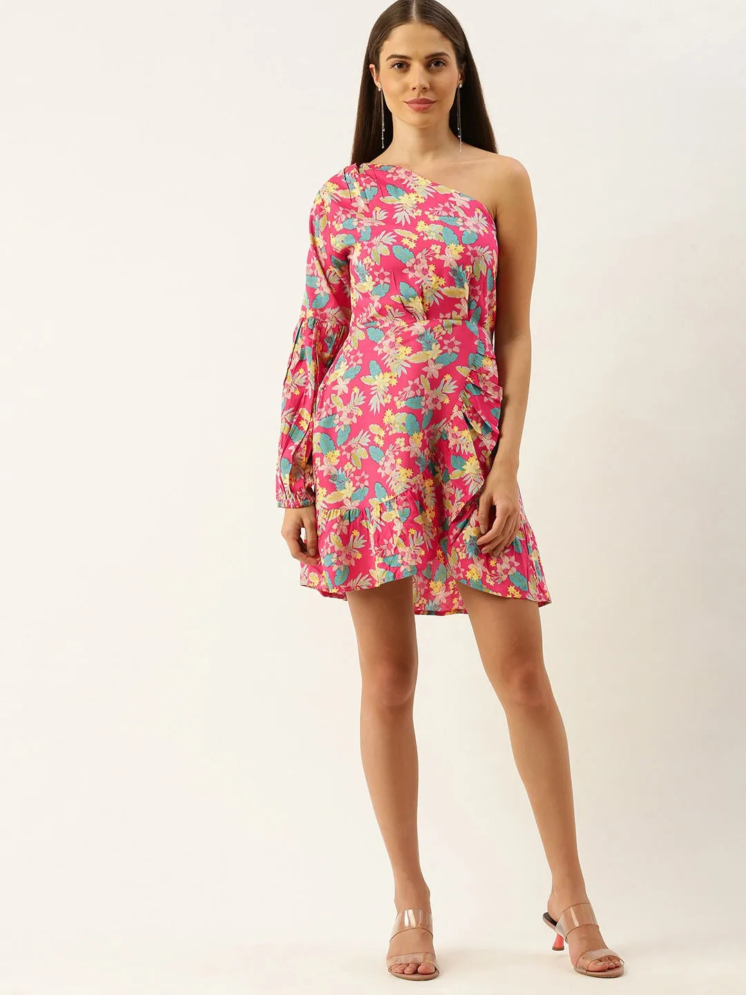 Berrylush Women Pink Floral One-Shoulder Fit & Flare Mini Dress