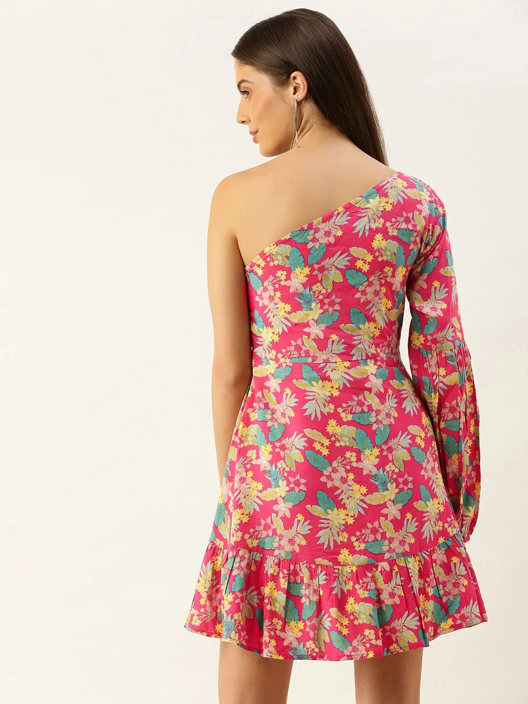 Berrylush Women Pink Floral One-Shoulder Fit & Flare Mini Dress