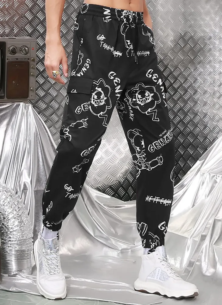 Black Safari Style Cartoon Full Print Pocket Jogger Pants