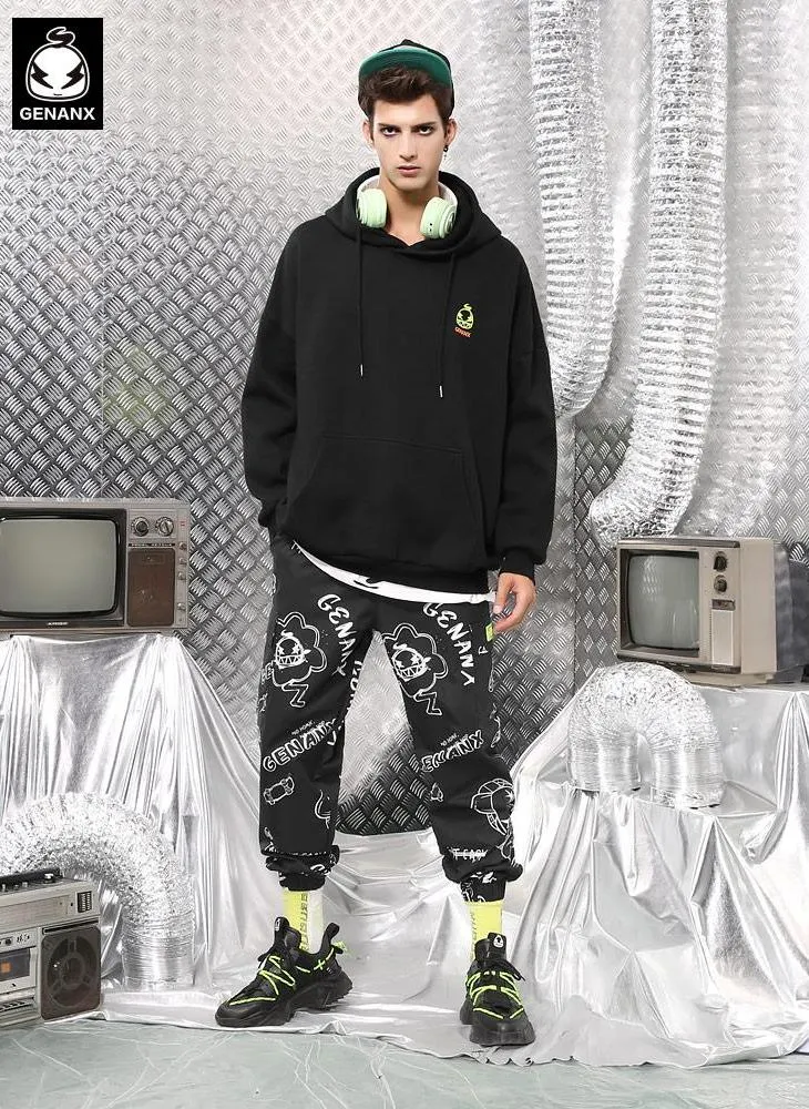 Black Safari Style Cartoon Full Print Pocket Jogger Pants