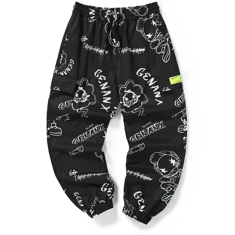 Black Safari Style Cartoon Full Print Pocket Jogger Pants