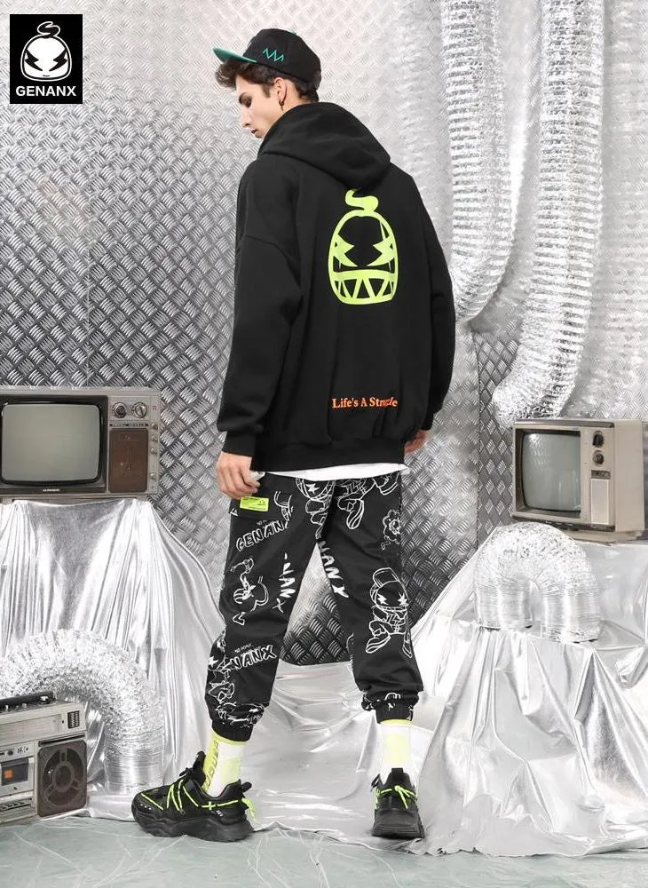 Black Safari Style Cartoon Full Print Pocket Jogger Pants