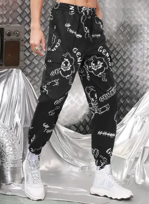 Black Safari Style Cartoon Full Print Pocket Jogger Pants