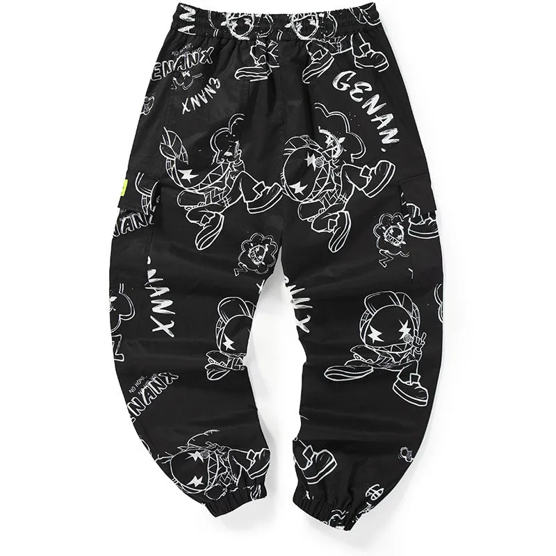 Black Safari Style Cartoon Full Print Pocket Jogger Pants