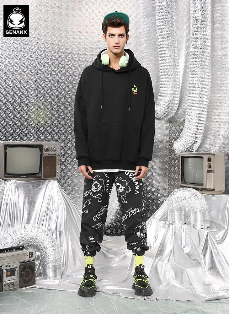 Black Safari Style Cartoon Full Print Pocket Jogger Pants