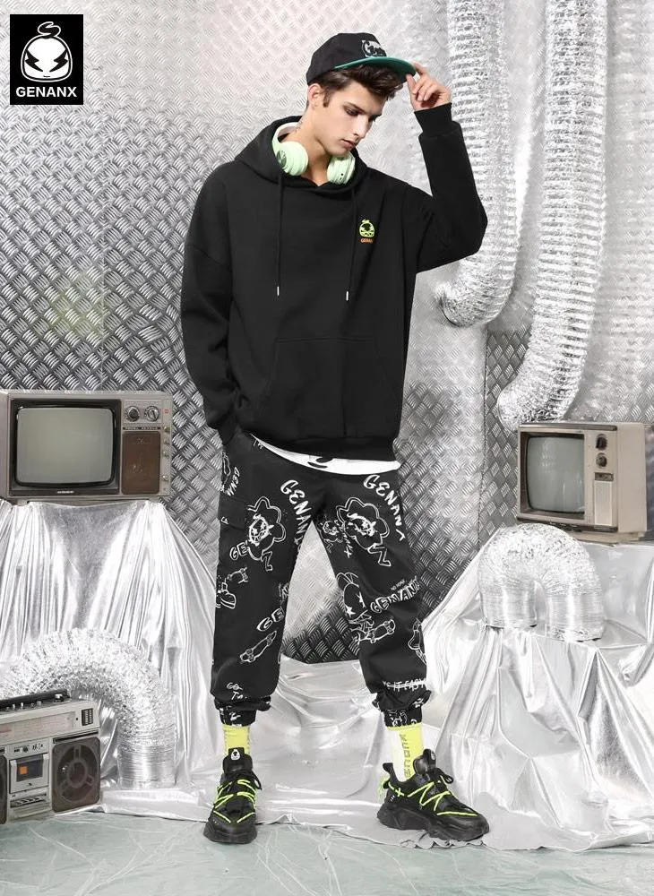 Black Safari Style Cartoon Full Print Pocket Jogger Pants
