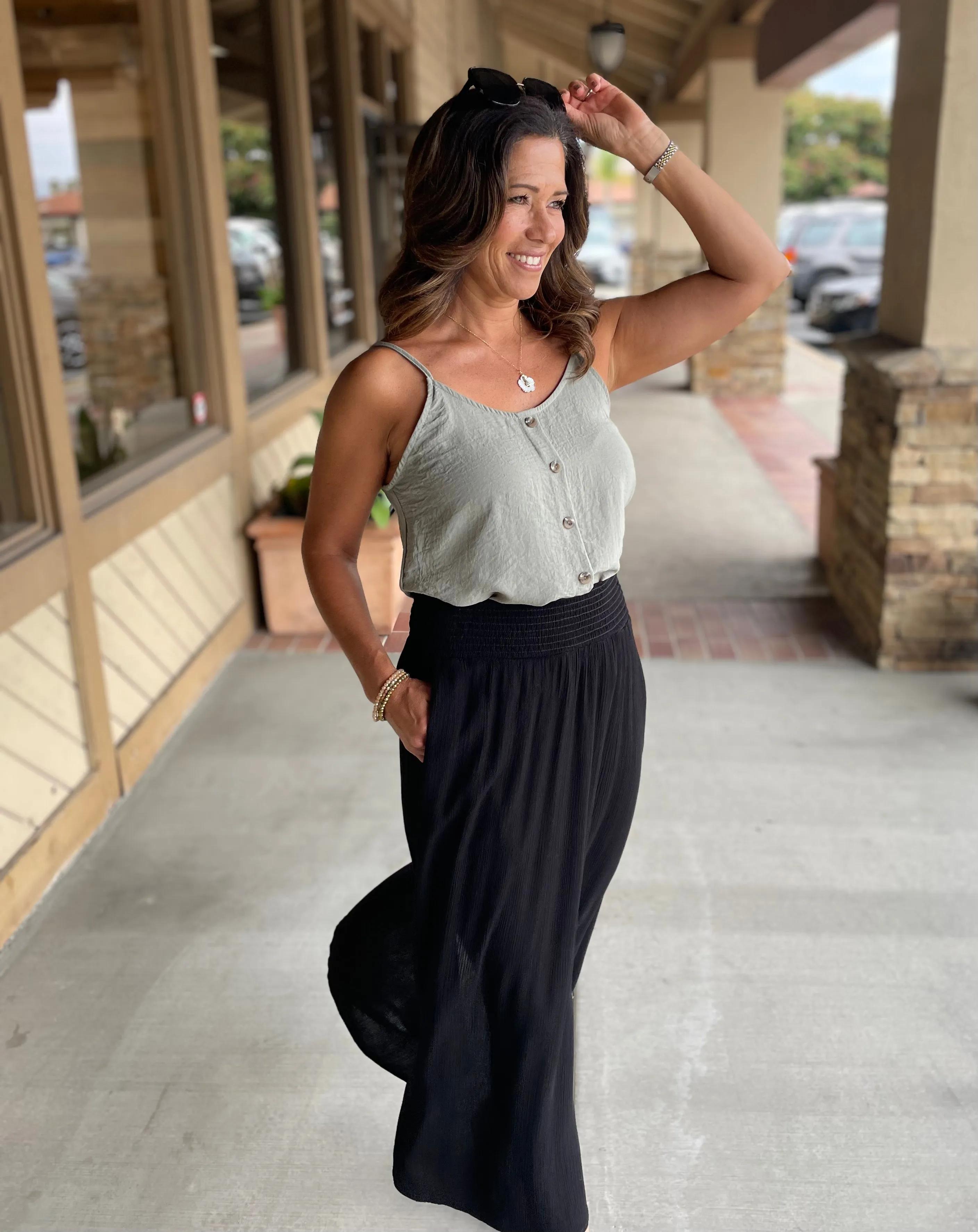 Black Textured Midi Skirt with Smocked Waistband, Round Hem & Pockets