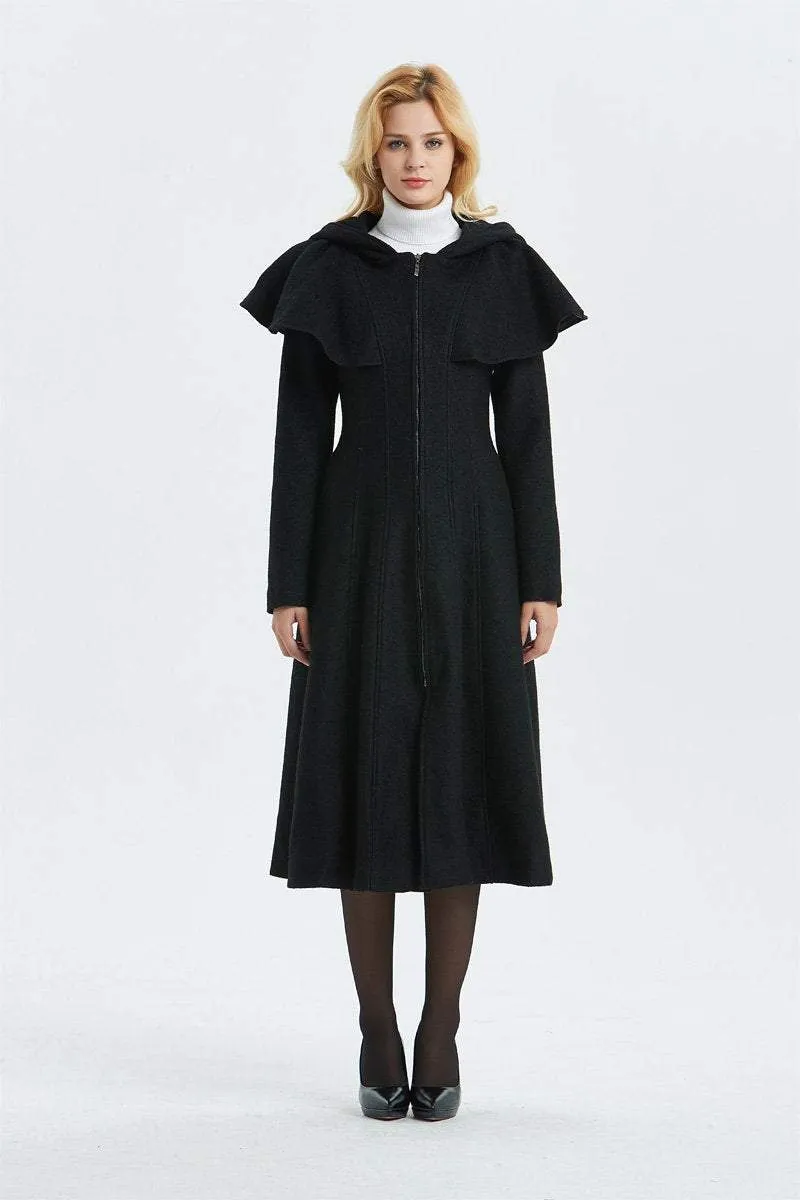 black wool coat, long black coat, warm coat, winter coat, womens black coat, hooded coat, coat with pockets, custom coat, vintage coat C1342