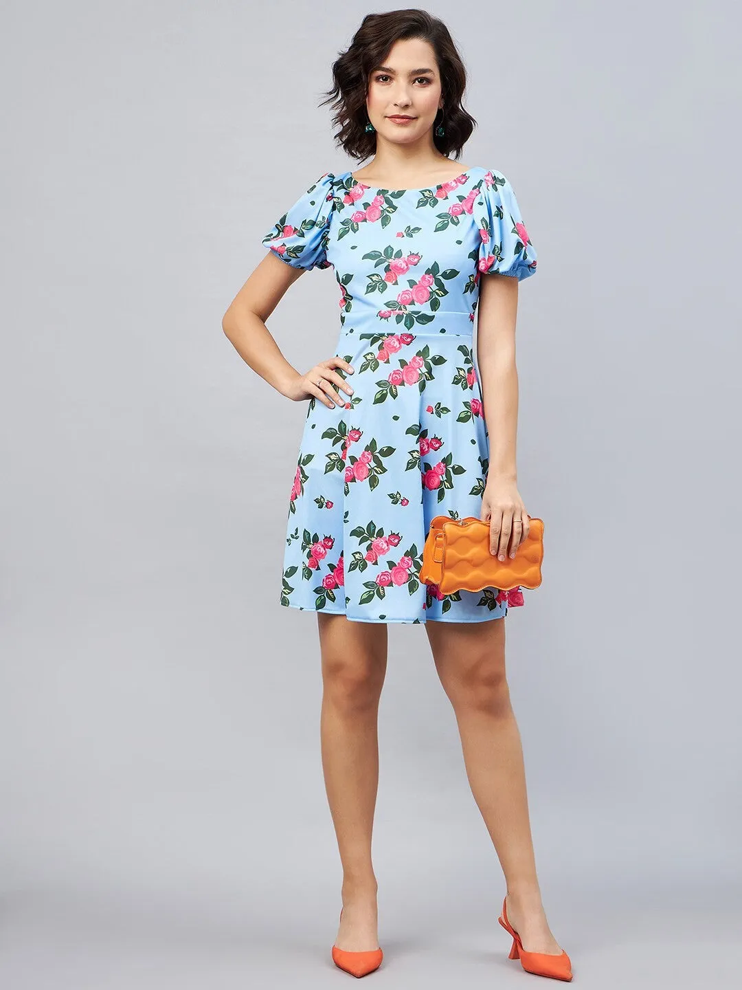 Blue Floral Fit and Flare Short Sleeves Mini Dress