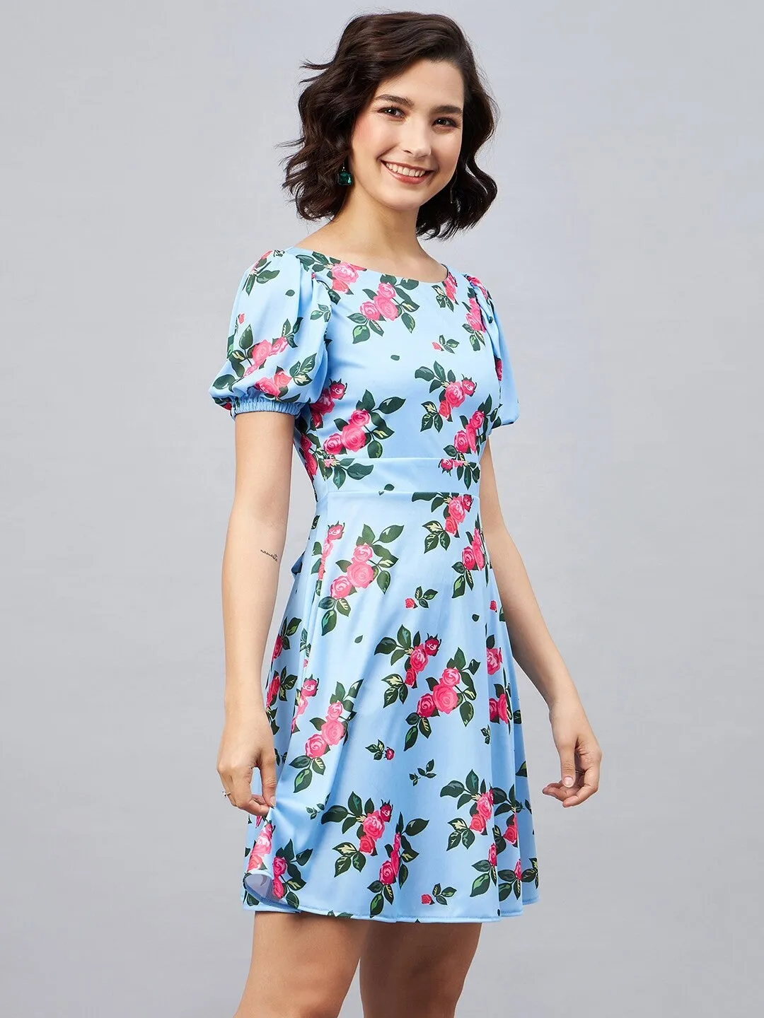 Blue Floral Fit and Flare Short Sleeves Mini Dress