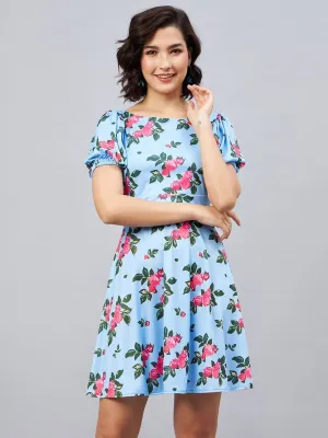 Blue Floral Fit and Flare Short Sleeves Mini Dress