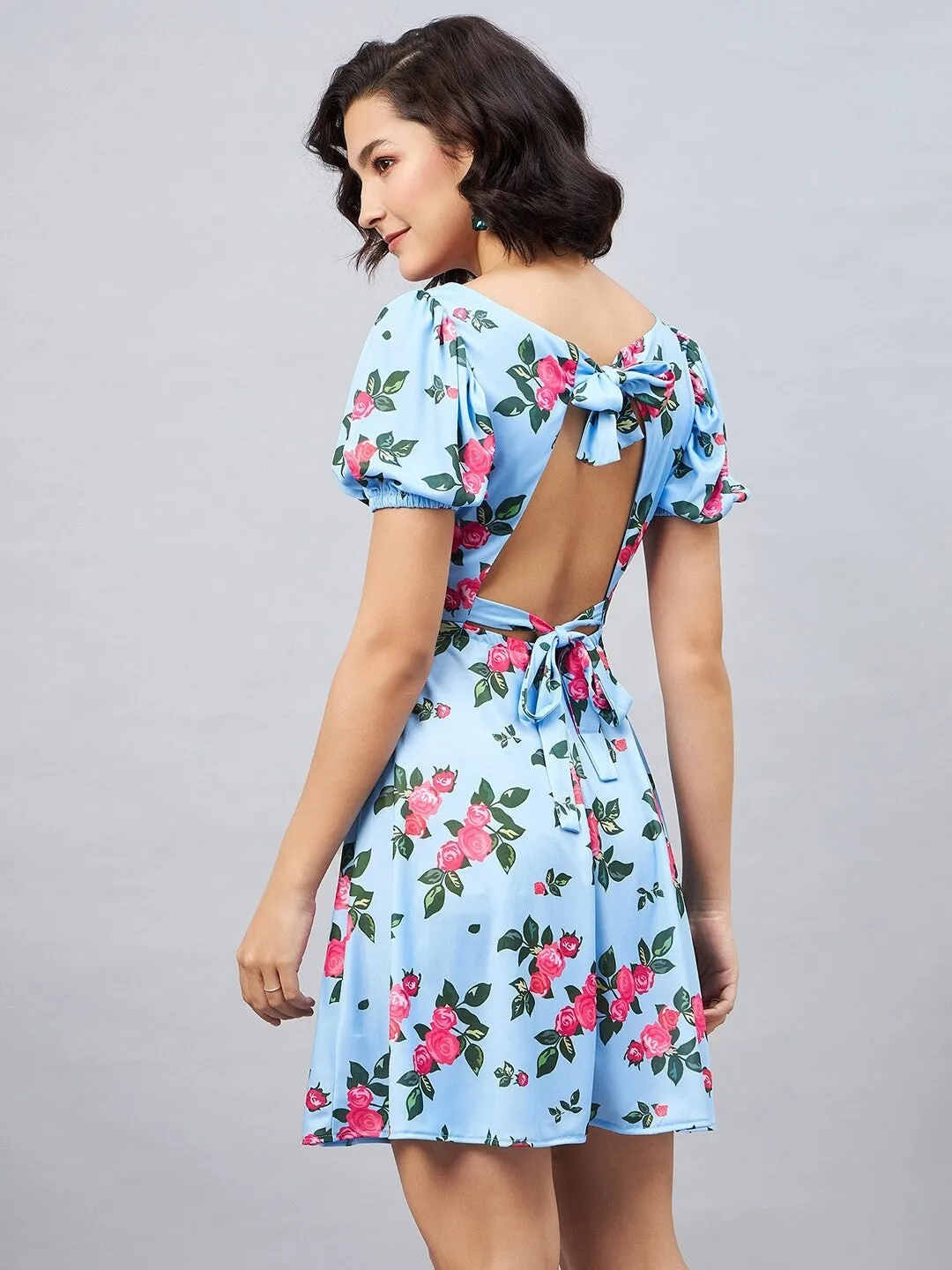 Blue Floral Fit and Flare Short Sleeves Mini Dress