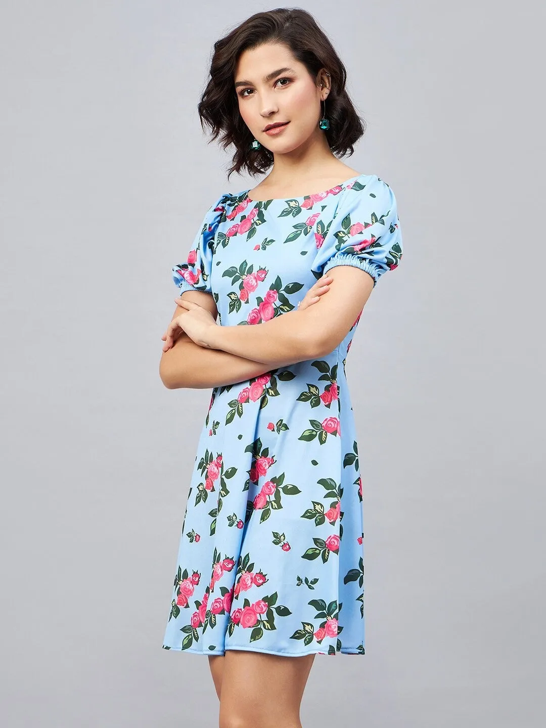 Blue Floral Fit and Flare Short Sleeves Mini Dress