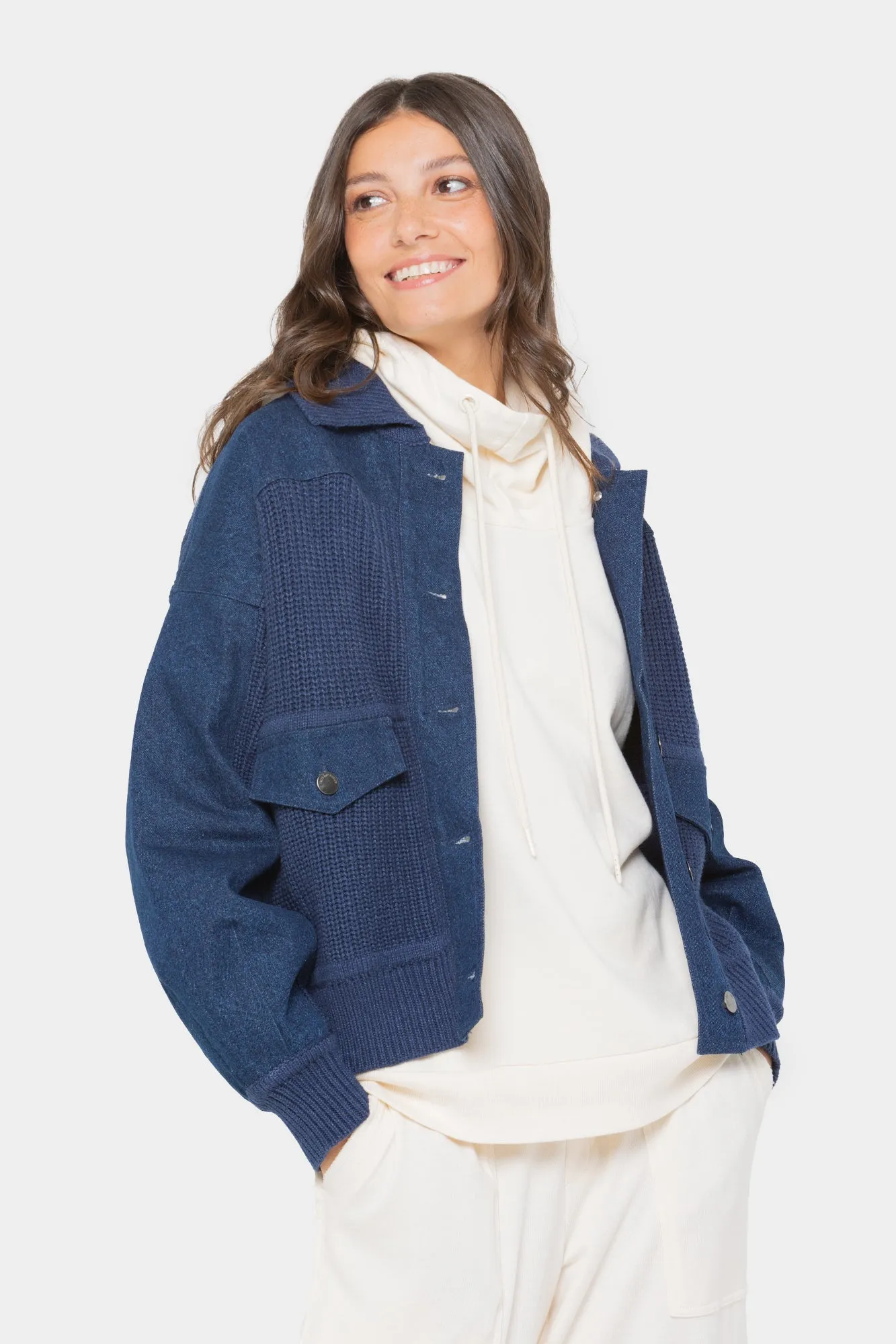 Cardigan Sweater with Denim Details