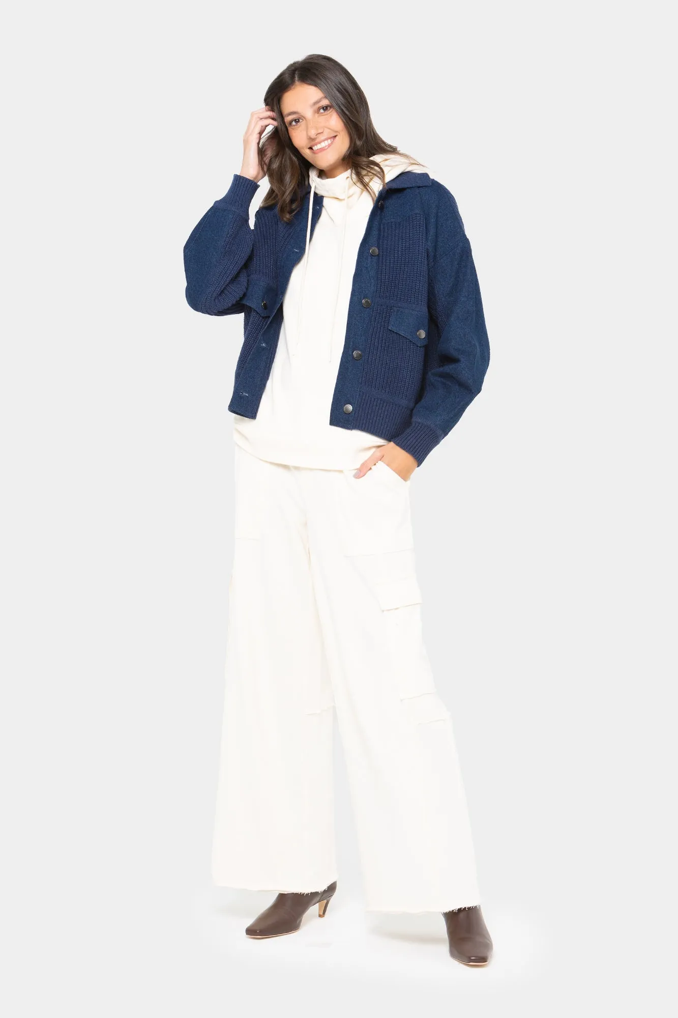 Cardigan Sweater with Denim Details