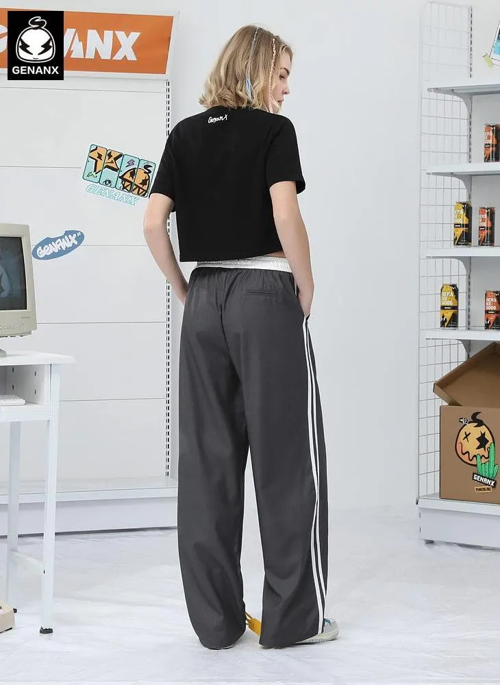 Casual Plain Stripe Wide Leg Sporty Pants