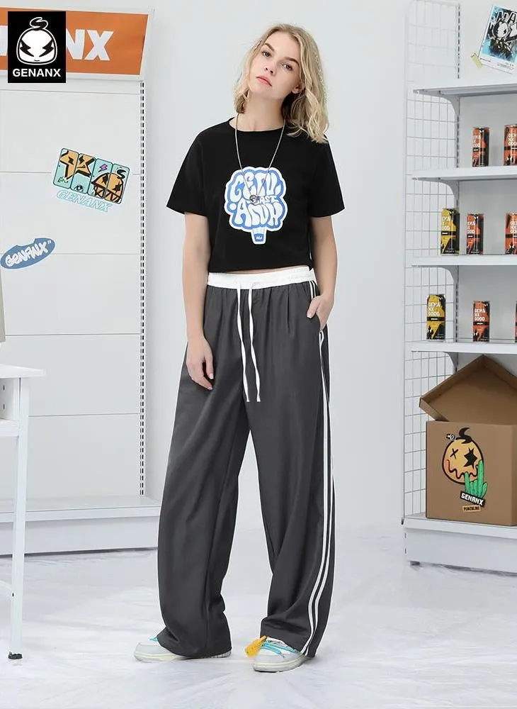 Casual Plain Stripe Wide Leg Sporty Pants