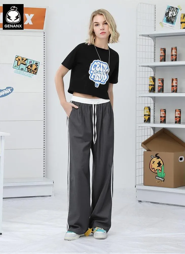 Casual Plain Stripe Wide Leg Sporty Pants