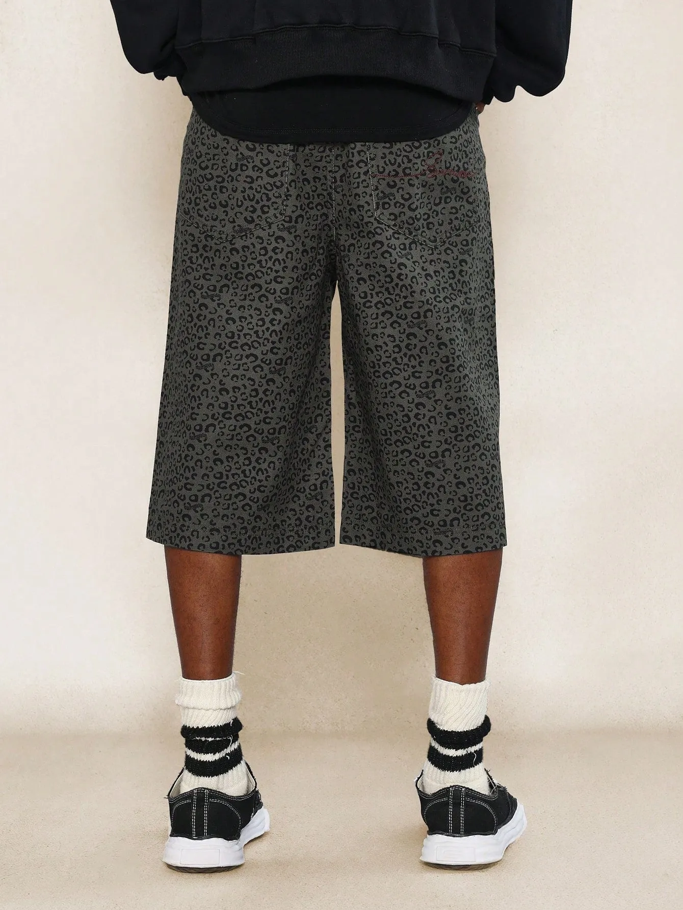Cheetah Print Twill Raw Edge Denim Jort With Embroidery
