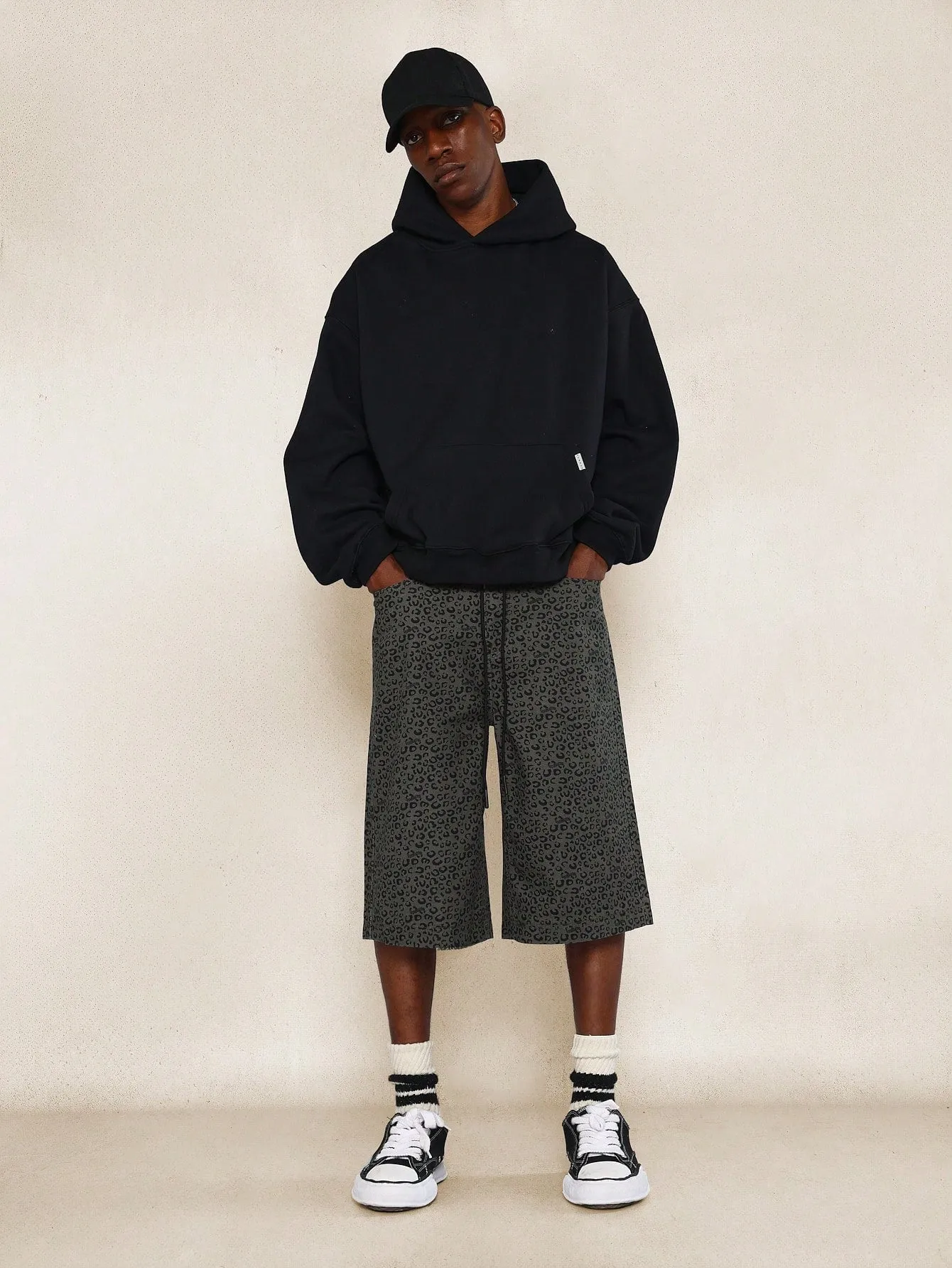 Cheetah Print Twill Raw Edge Denim Jort With Embroidery