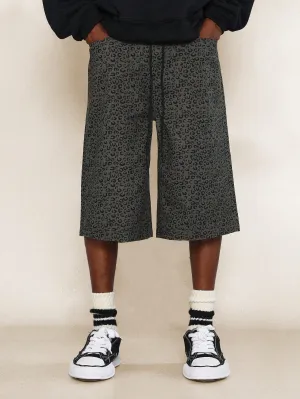 Cheetah Print Twill Raw Edge Denim Jort With Embroidery