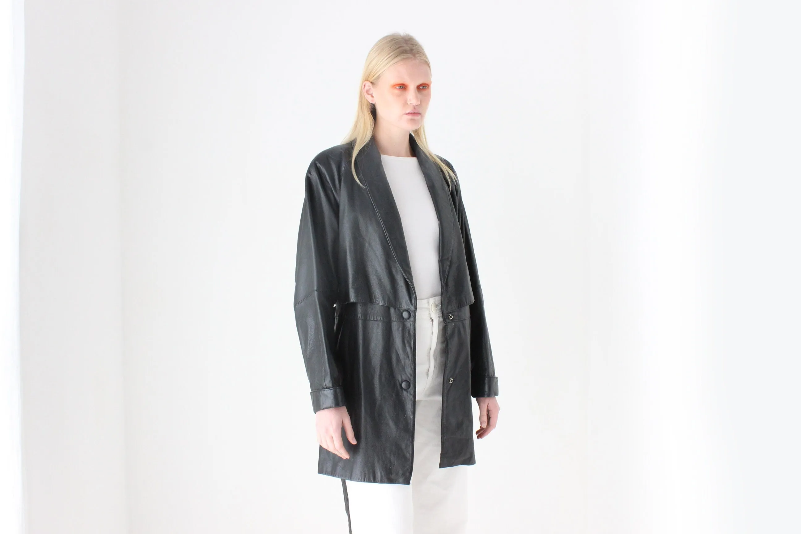 Chic 80s Leather Tie Waist Shawl Collar Belted Coat