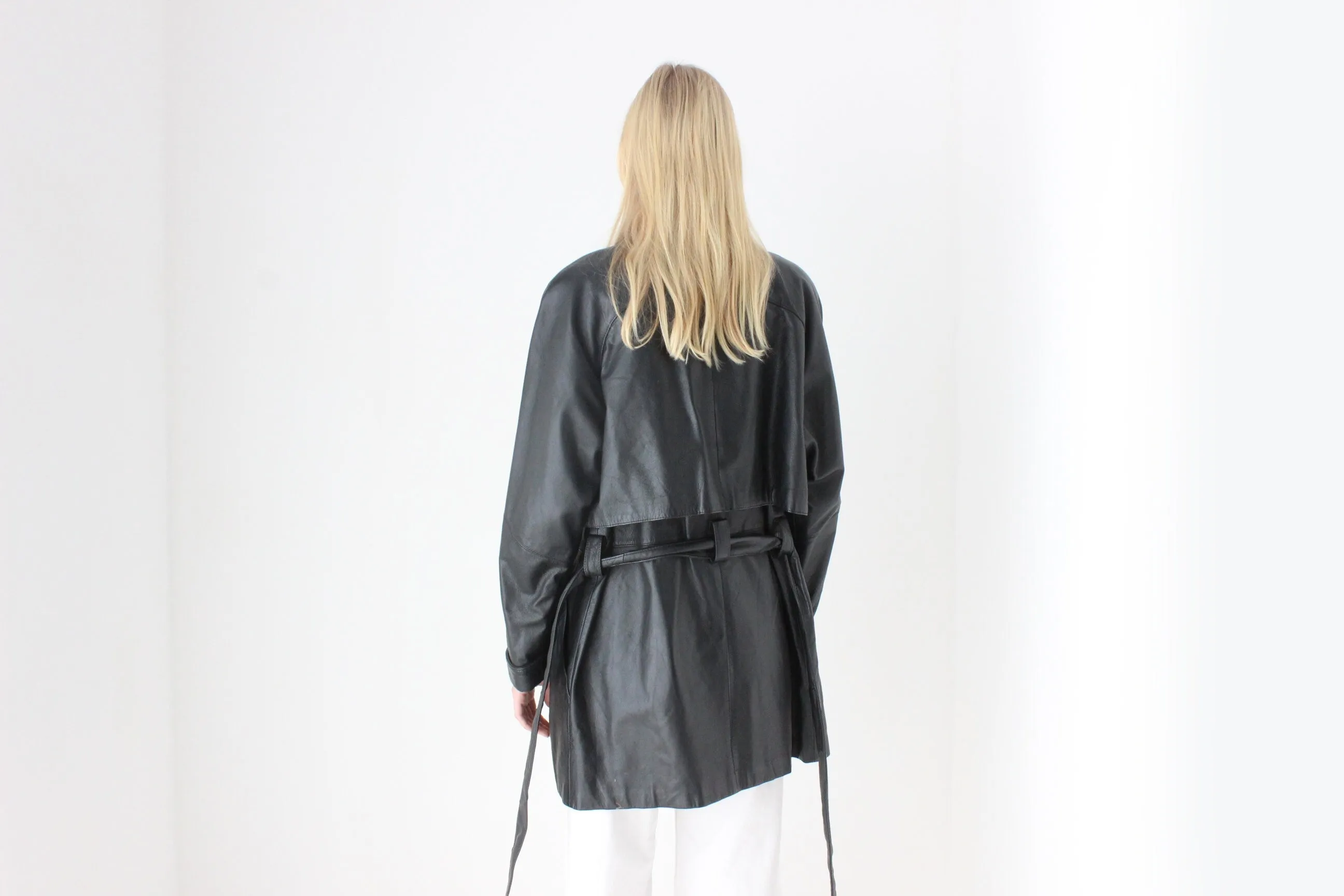 Chic 80s Leather Tie Waist Shawl Collar Belted Coat