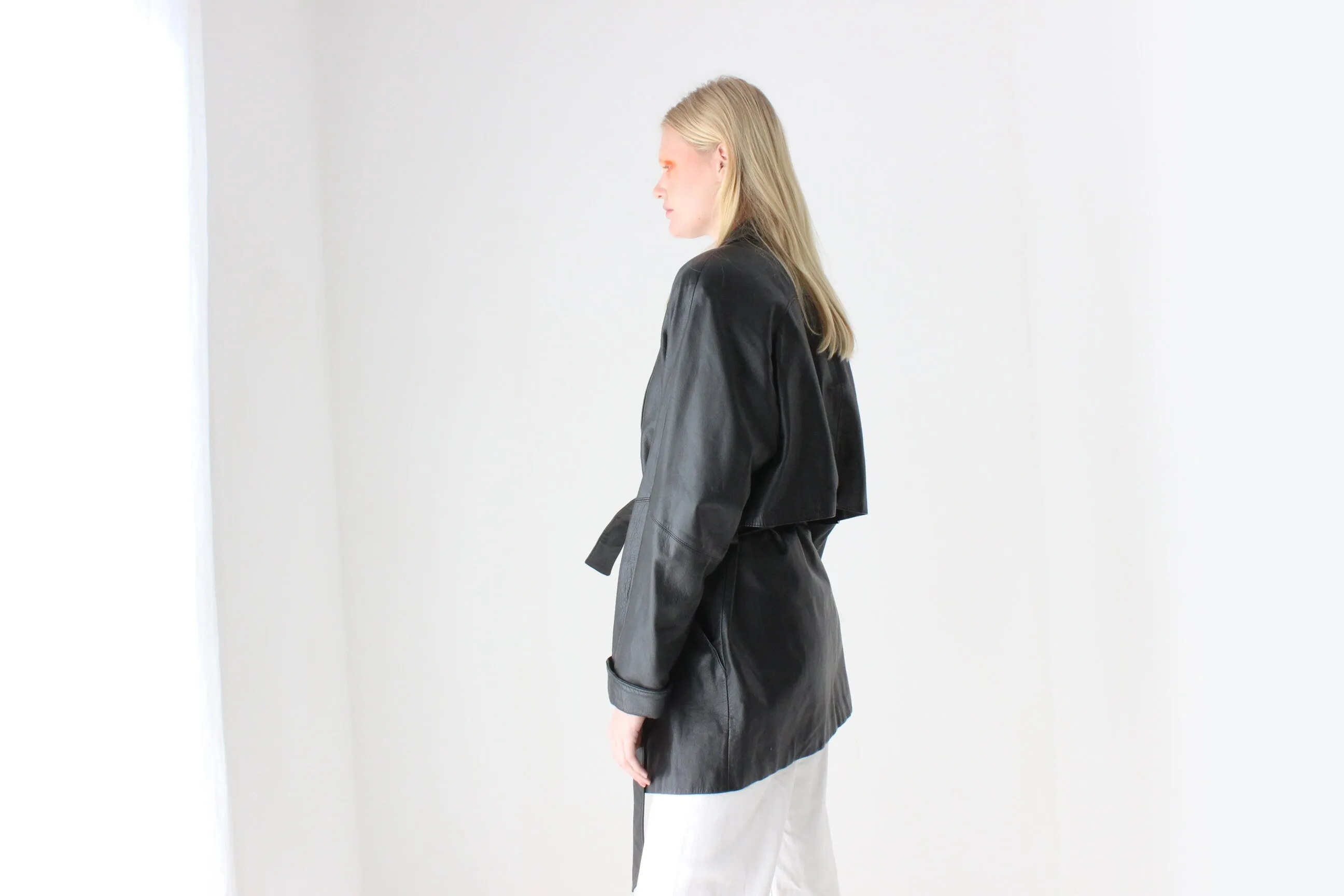 Chic 80s Leather Tie Waist Shawl Collar Belted Coat