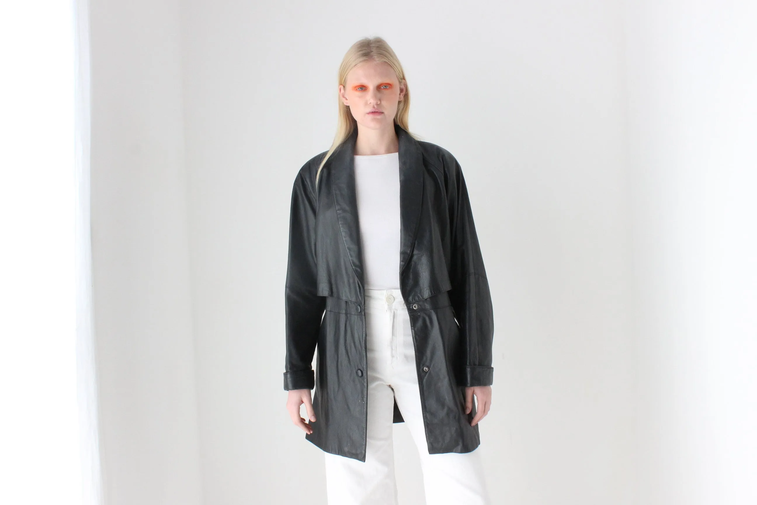 Chic 80s Leather Tie Waist Shawl Collar Belted Coat