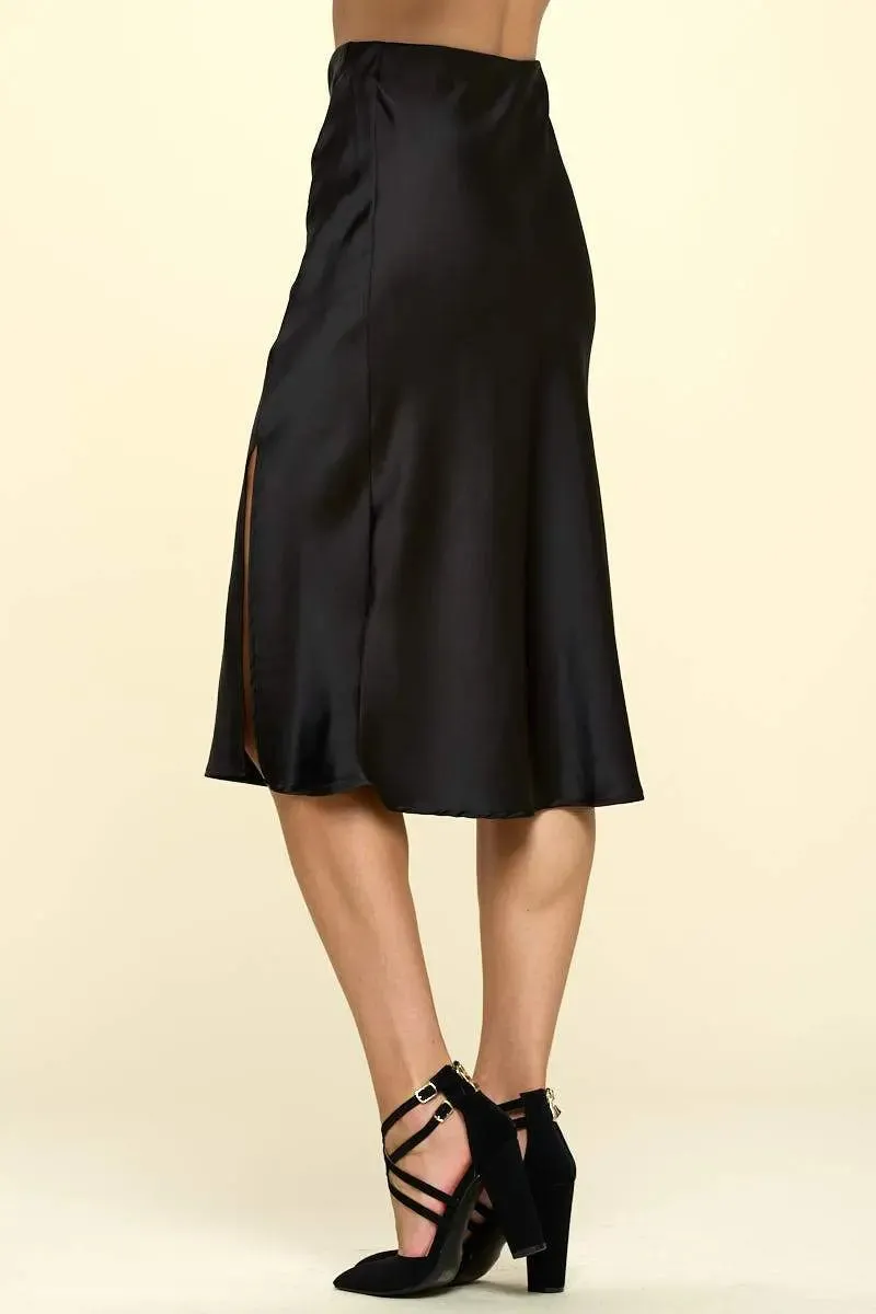 Chic Satin Midi Skirt with Stylish Side Slit