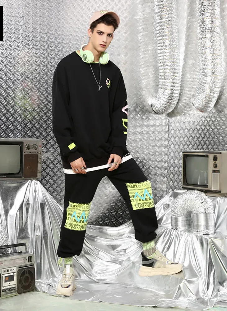 Color Block Letter Print Loose Lace-up Casual Pants