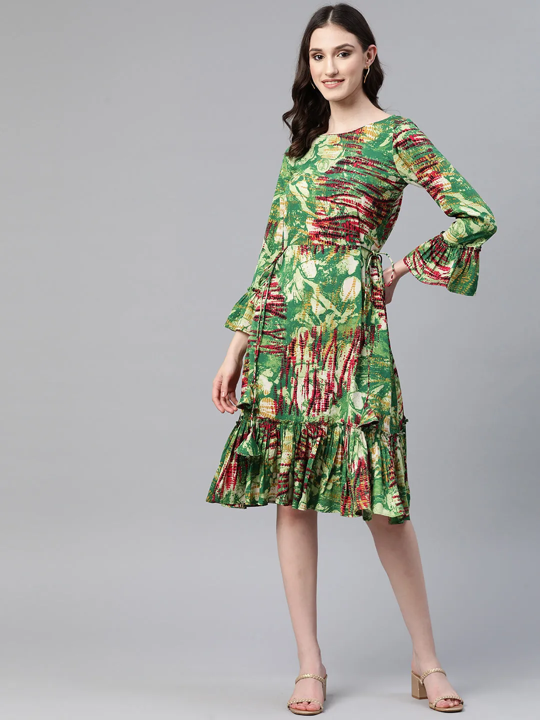 Cottinfab Abstract Printed Bell Sleeves Tiered Crepe Dress With Tie-Ups Detail