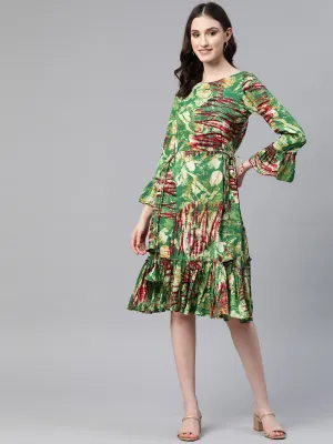 Cottinfab Abstract Printed Bell Sleeves Tiered Crepe Dress With Tie-Ups Detail