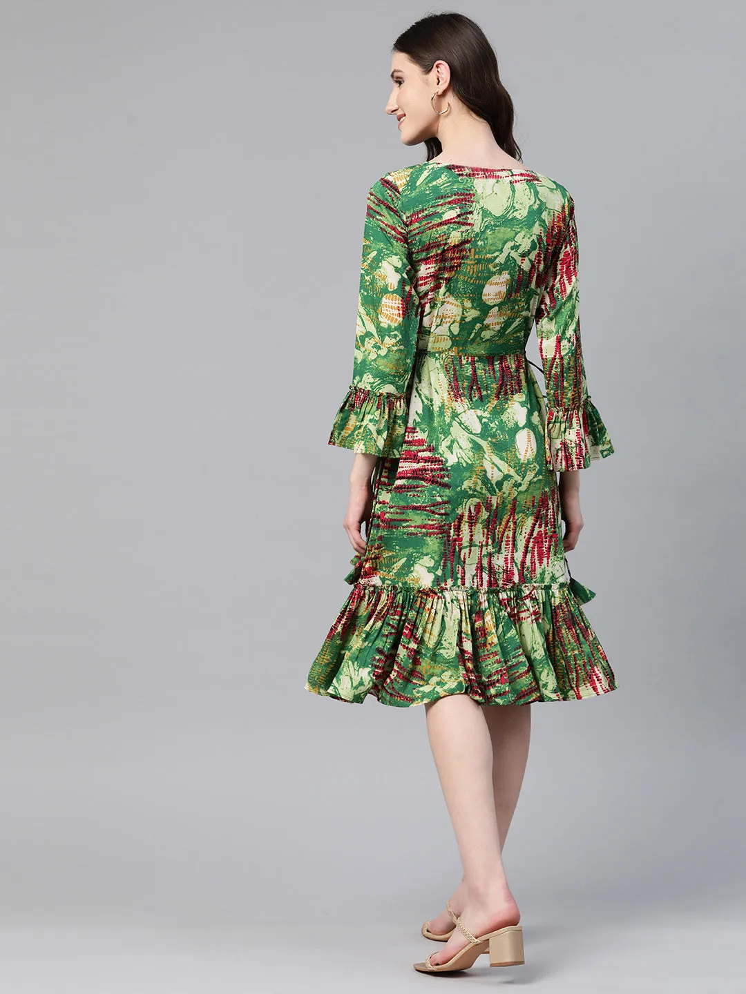 Cottinfab Abstract Printed Bell Sleeves Tiered Crepe Dress With Tie-Ups Detail