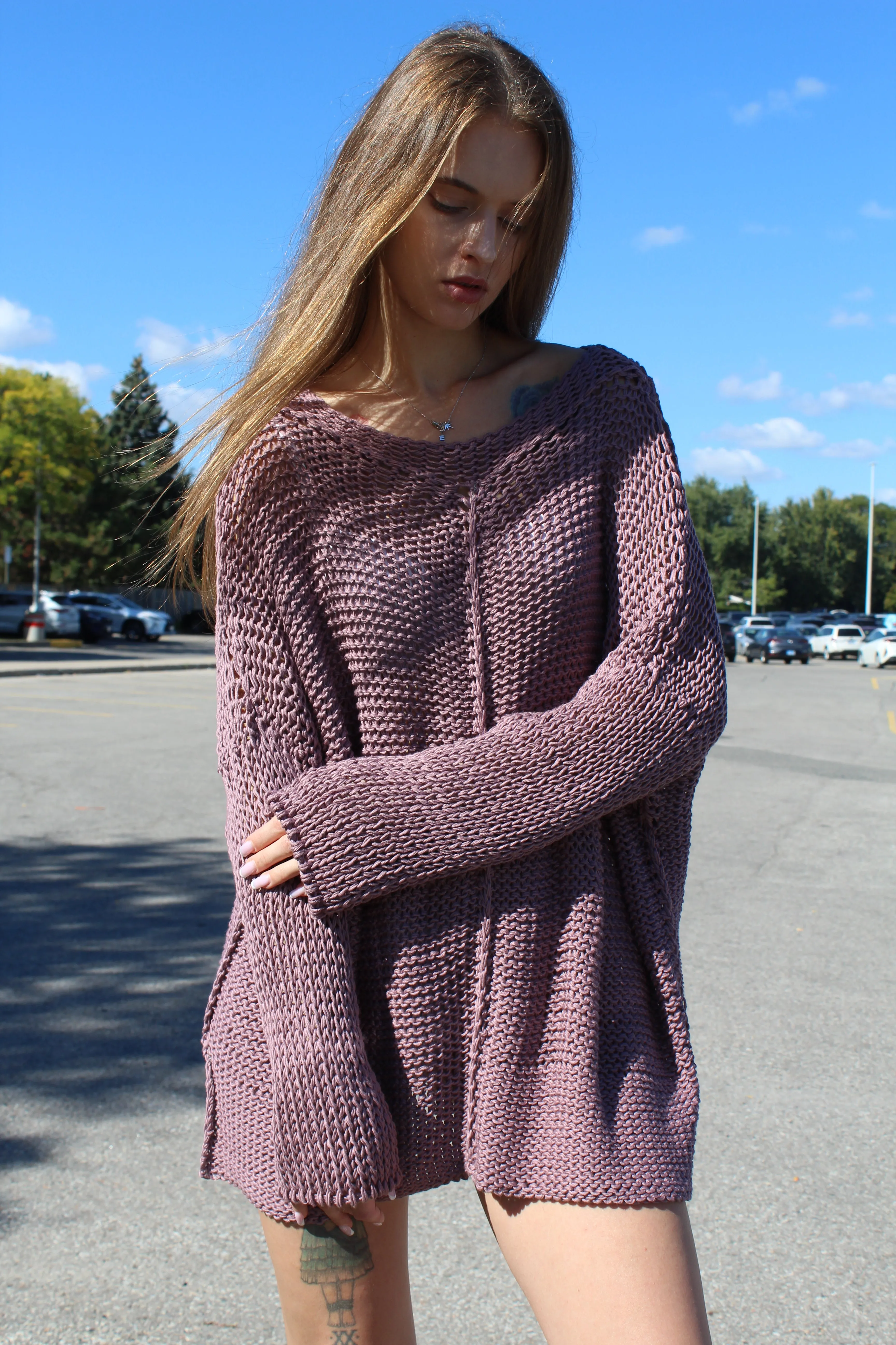 Cotton loose knit sweater dress.